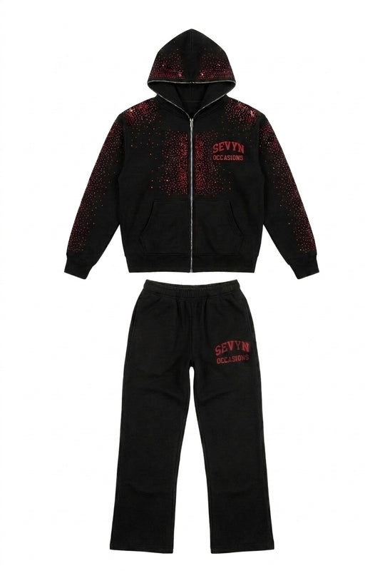 SO Rhinestone Sweatsuits Black/Red